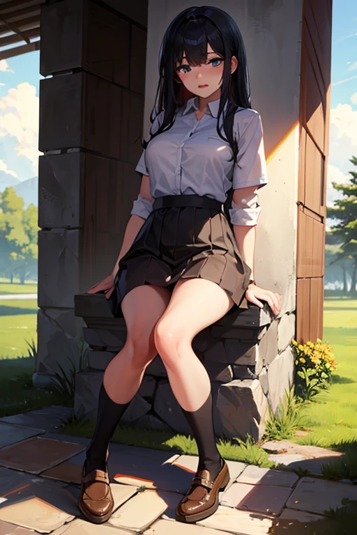 Young woman defecating, with cairn coming out 