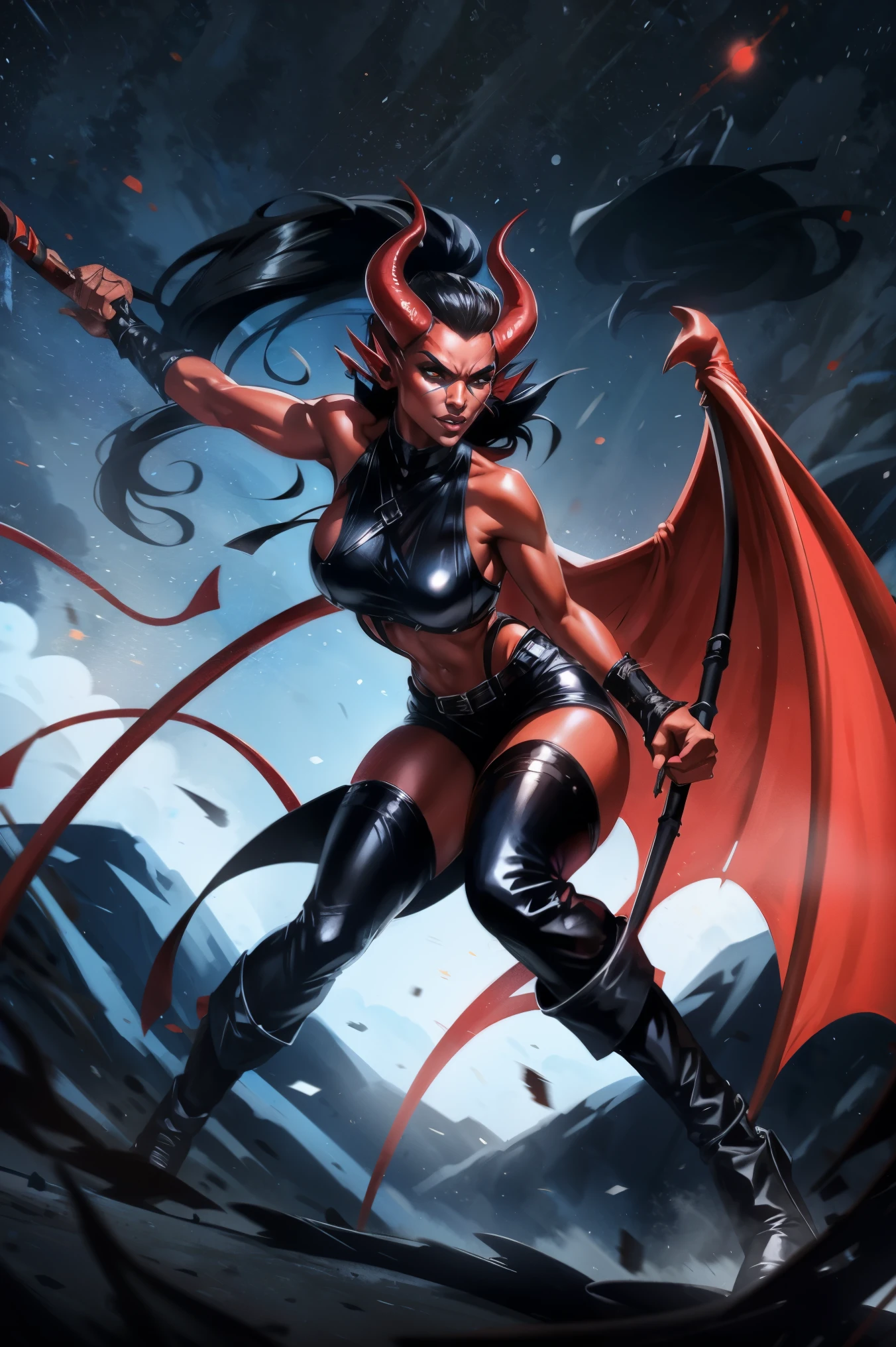 Red skin succubus tiefling, medium breasts, black horns, wings, huge tail, black leather, crop top, long flowing pelvic curtain, tall, toned, graceful, thin, long black ponytail. Action scene, whip. Dark scene, explosions, night sky.