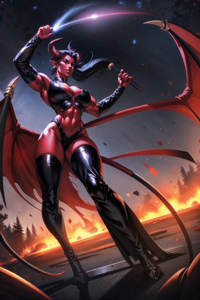 Red skin succubus tiefling, medium breasts, black horns, wings, huge tail, black leather, crop top, long flowing pelvic curtain, tall, toned, graceful, thin, long black ponytail. Action scene, whip. Dark scene, explosions, night sky.