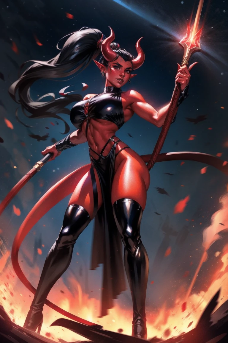 Red skin succubus tiefling, medium breasts, black horns, wings, huge tail, black leather, crop top, long flowing pelvic curtain, tall, toned, graceful, thin, long black ponytail. Action scene, whip. Dark scene, explosions, night sky.