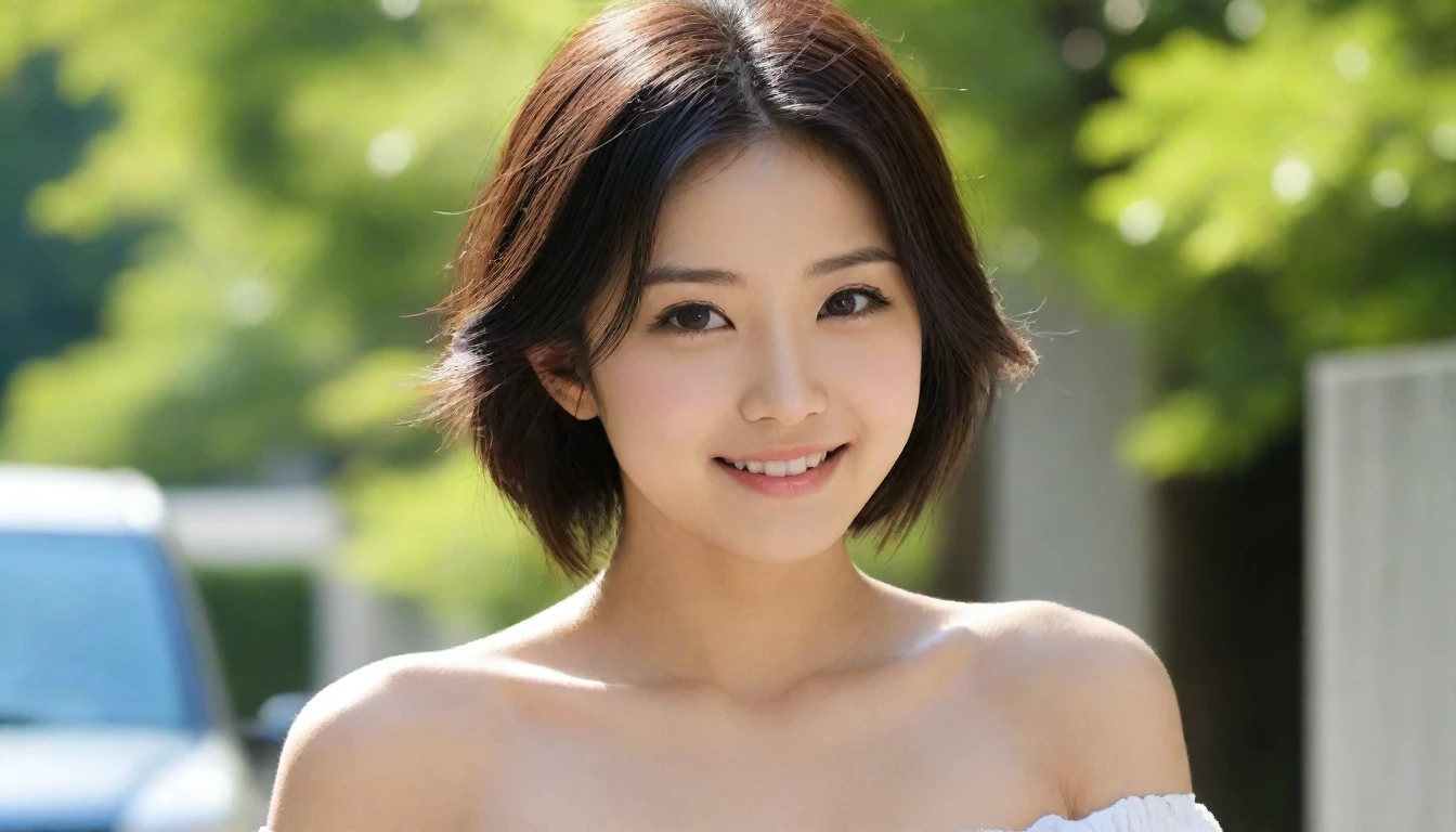 8k, Ultra-high resolution, Highest quality, masterpiece, 三分割法によるphotograph,Surreal, photograph, 1 Girl, (16 years old:1.3), pretty girl, Cute Face, Beautiful eyes in every detail, 細かくdetailedに,masterpiece,One Girl:1.2, Japan Female Announcer,extream close up,smile,Black Hair,Messy hair,street tree,Urban area,Young Wife,healthy,Off the shoulder,Natural Makeup,Beautiful clavicle,Realistic Skin, Perfect and beautiful face ,完璧でCute Face, Skin with attention to detail, Perfect limbs、Narrow waist、Thin legs),Looking at the audience、beauty,Long neck、(((Ideal body type))),A cup small breasts :2,Portraiture:2,Perfect Anatomy,鮮明なdetailed,detailed,Surreal,Light and shadow,dappled sunlight