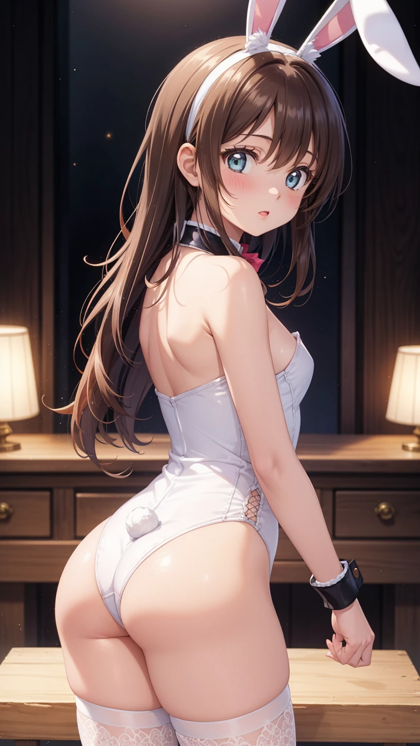 masterpiece, Highest quality, High resolution, One girl, Detailed face, blush, Anime CG style, (Medium chest), (18-year-old girl:1.3), (Old age), Good lighting, Perfect body, Sakura Kinomoto, Glossy Lips, strapless leotard, Detachable collar, Wrist cuff, (White fishnet stockings), Bunny ears, (Curvy), (Looking back at the audience), Bunny's Tail