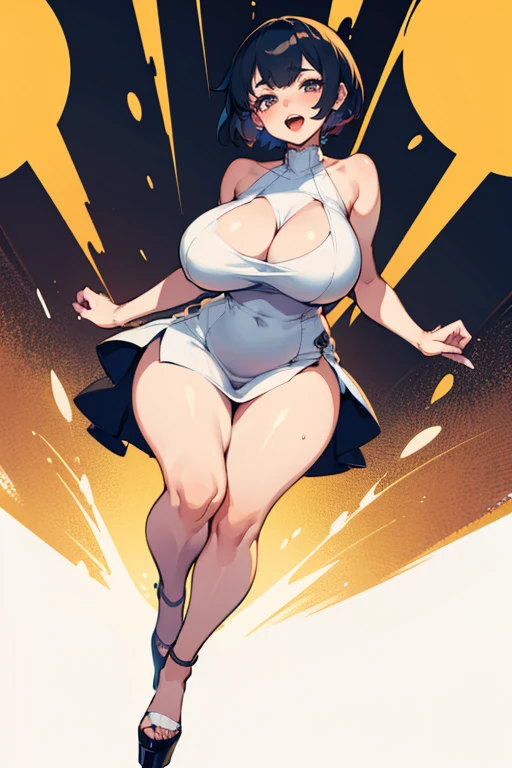 very wide hip, huge thighs, very big thighs, big breast, girl, Pullover, whole body to see, happy moan, Open mouth, lace short hair, platform heels , thin waist, fullbody, tight dress, sleveless, shoulderless,