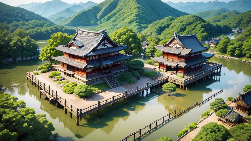 Beautiful scenery of Japanese ancient village. Aerial view, Photorealistic photos, High definition.
