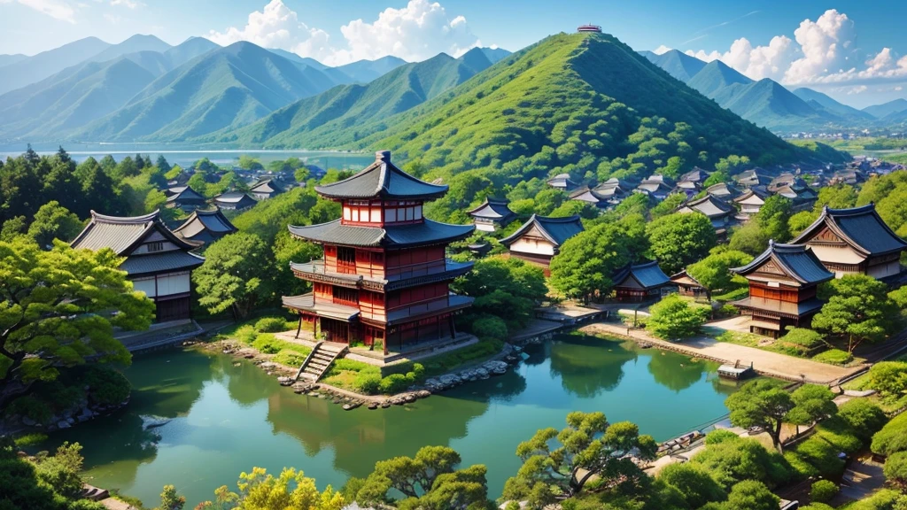 Beautiful scenery of Japanese ancient village. Aerial view, Photorealistic photos, High definition.