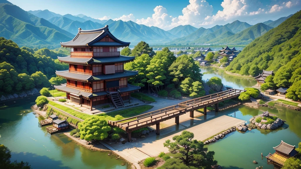 Beautiful scenery of Japanese ancient village. Aerial view, Photorealistic photos, High definition.