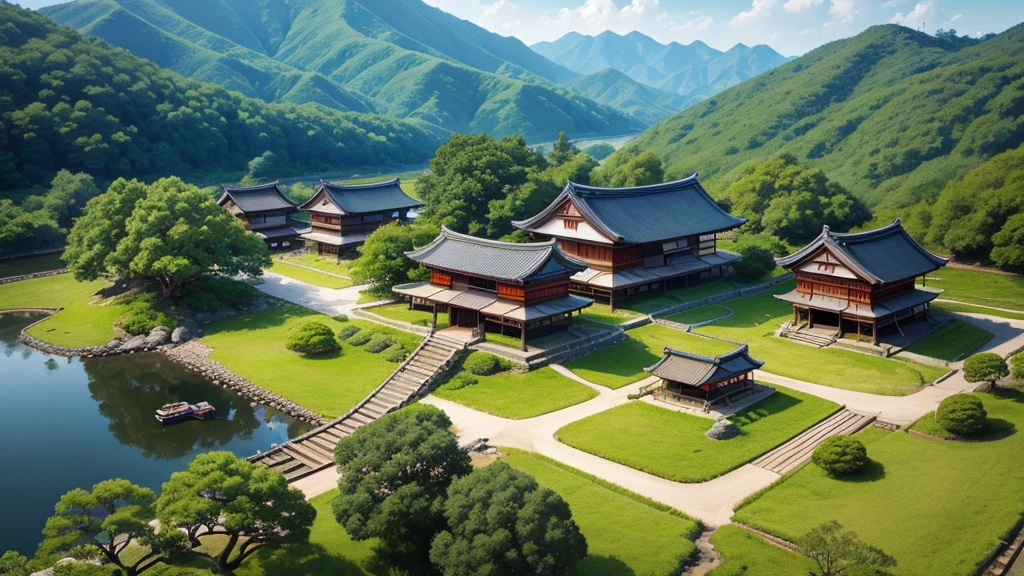 Beautiful scenery of Japanese ancient village. Aerial view, Photorealistic photos, High definition.