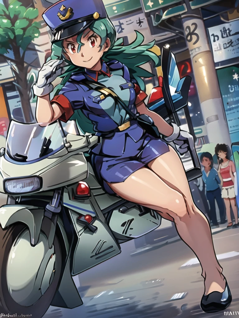 masterpiece, best quality, ultra-detailed, officer jenny, pokemon, 1girl, solo, long hair, smile, red eyes, green hair, white gloves, police hat, miniskirt, bag, star (symbol), uniform, blue skirt, blue shirt, pencil skirt, brown pantyhose, police uniform, realistic, city background volumetric lighting, intricate details, tonemapping, sharp focus, hyper detailed