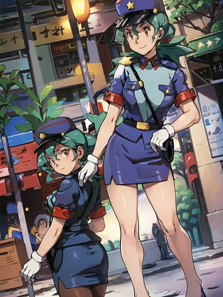 masterpiece, best quality, ultra-detailed, officer jenny, pokemon, 1girl, solo, long hair, smile, red eyes, green hair, white gloves, police hat, miniskirt, bag, star (symbol), uniform, blue skirt, blue shirt, pencil skirt, brown pantyhose, police uniform, realistic, city background volumetric lighting, intricate details, tonemapping, sharp focus, hyper detailed