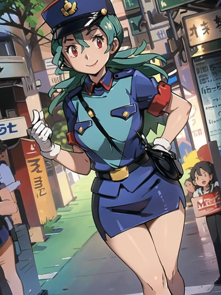 masterpiece, best quality, ultra-detailed, officer jenny, pokemon, 1girl, solo, long hair, smile, red eyes, green hair, white gloves, police hat, miniskirt, bag, star (symbol), uniform, blue skirt, blue shirt, pencil skirt, brown pantyhose, police uniform, realistic, city background volumetric lighting, intricate details, tonemapping, sharp focus, hyper detailed