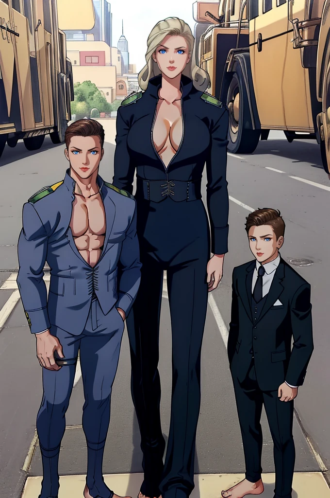 Tall wife in the middle, short husband in the left, short son in the right, beautiful faces, wife is wearing suit and pants, wife has big , wife is showing cleavage, wife is ripped, wife's suit has a belly button cutout, wife has ripped visible abs, make the girls even more taller than the boys, boys are very thin and weak, boys wearing suit and pants, wife is standing barefoot, boys are wearing office shoes