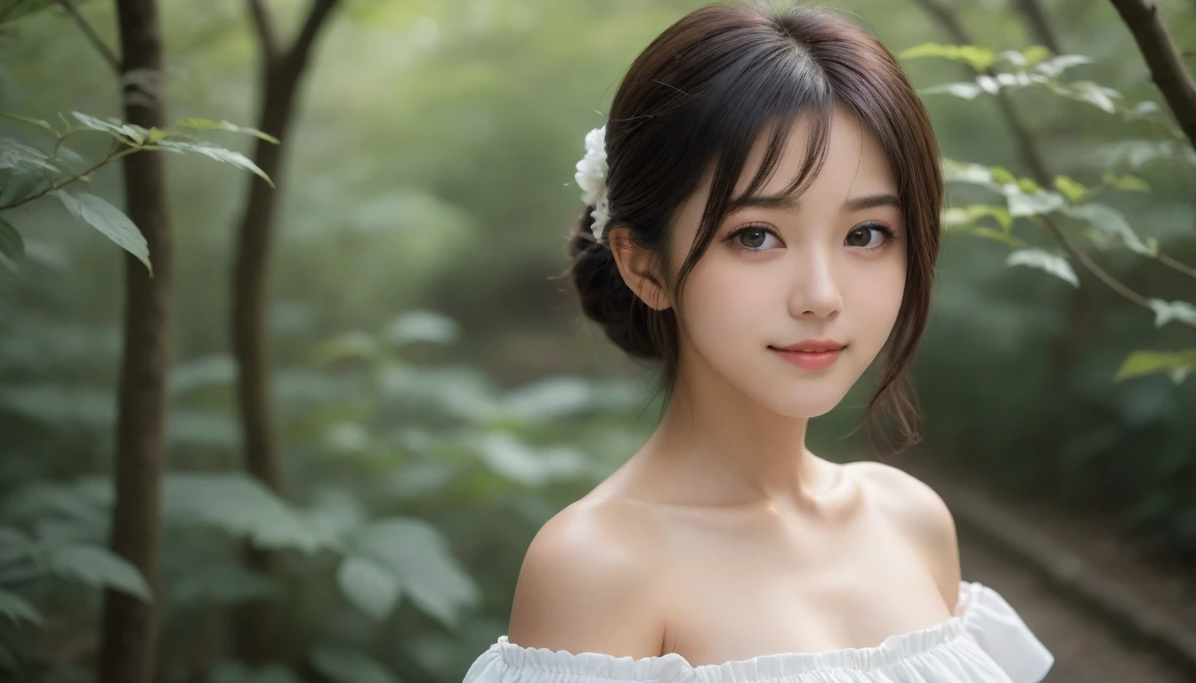 8k, Ultra-high resolution, Highest quality, masterpiece, 三分割法によるphotograph,Surreal, photograph, 1 Girl, (16 years old:1.3), pretty girl, Cute Face, Beautiful eyes in every detail, 細かくdetailedに,masterpiece,One Girl:1.2, Japan Female Announcer,extream close up,smile,Black Hair,Messy hair,street tree,Urban area,Young Wife,healthy,Off the shoulder,Natural Makeup,Beautiful clavicle,Realistic Skin, Perfect and beautiful face ,完璧でCute Face, Skin with attention to detail, Perfect limbs、Narrow waist、Thin legs),Looking at the audience、beauty,Long neck、(((Ideal body type))),A cup small breasts :2,Portraiture:2,Perfect Anatomy,鮮明なdetailed,detailed,Surreal,Light and shadow,dappled sunlight