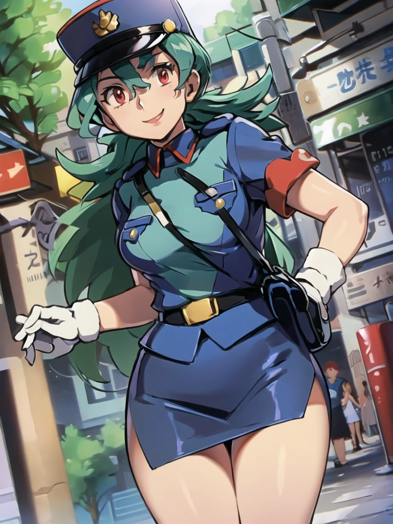 masterpiece, best quality, ultra-detailed, officer jenny, pokemon, 1girl, solo, long hair, smile, red eyes, green hair, white gloves, police hat, miniskirt, bag, star (symbol), uniform, blue skirt, blue shirt, pencil skirt, brown pantyhose, police uniform, realistic, city background volumetric lighting, intricate details, tonemapping, sharp focus, hyper detailed