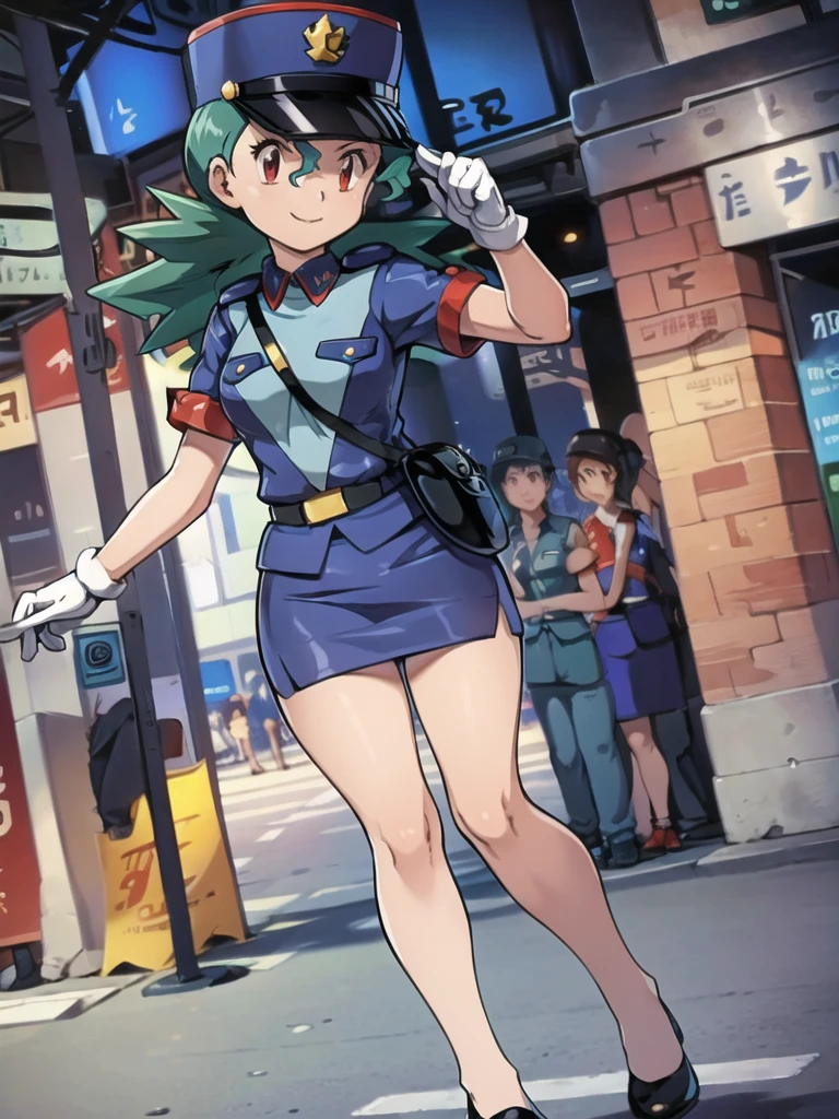 masterpiece, best quality, ultra-detailed, officer jenny, pokemon, 1girl, solo, long hair, smile, red eyes, green hair, white gloves, police hat, miniskirt, bag, star (symbol), uniform, blue skirt, blue shirt, pencil skirt, brown pantyhose, police uniform, realistic, city background volumetric lighting, intricate details, tonemapping, sharp focus, hyper detailed