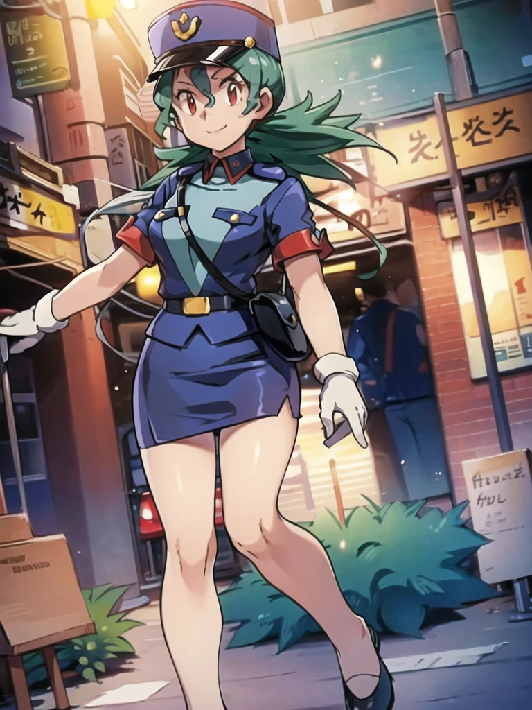 masterpiece, best quality, ultra-detailed, officer jenny, pokemon, 1girl, solo, long hair, smile, red eyes, green hair, white gloves, police hat, miniskirt, bag, star (symbol), uniform, blue skirt, blue shirt, pencil skirt, brown pantyhose, police uniform, realistic, city background volumetric lighting, intricate details, tonemapping, sharp focus, hyper detailed