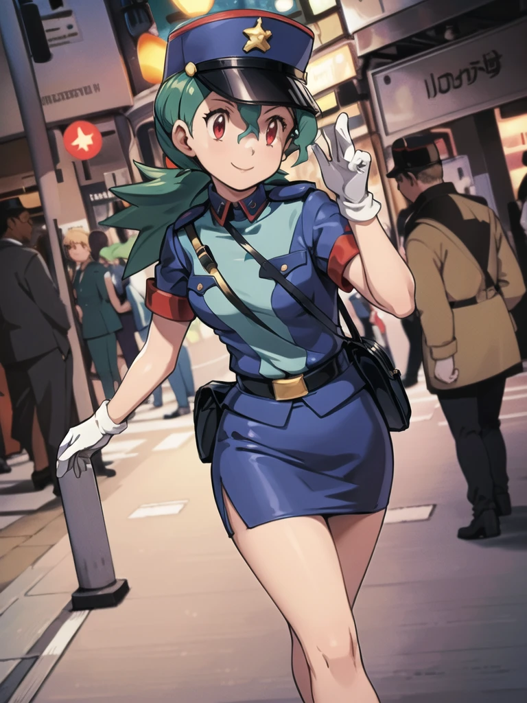 masterpiece, best quality, ultra-detailed, officer jenny, pokemon, 1girl, solo, long hair, smile, red eyes, green hair, white gloves, police hat, miniskirt, bag, star (symbol), uniform, blue skirt, blue shirt, pencil skirt, brown pantyhose, police uniform, realistic, city background volumetric lighting, intricate details, tonemapping, sharp focus, hyper detailed