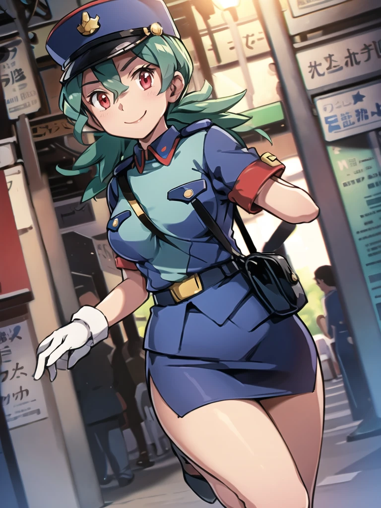 masterpiece, best quality, ultra-detailed, officer jenny, pokemon, 1girl, solo, long hair, smile, red eyes, green hair, white gloves, police hat, miniskirt, bag, star (symbol), uniform, blue skirt, blue shirt, pencil skirt, brown pantyhose, police uniform, realistic, city background volumetric lighting, intricate details, tonemapping, sharp focus, hyper detailed