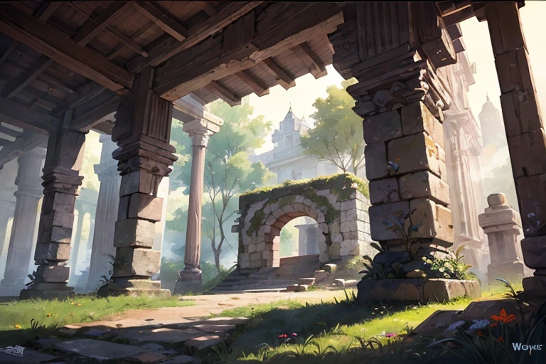(island), 孤island, Fantasy art, Ancient, Remains, mystery, Stone Building, ivy, fog, Pillar of Light, Mysterious Symbols, forest, Silence, weathered, Hidden Treasure, Ancient文字