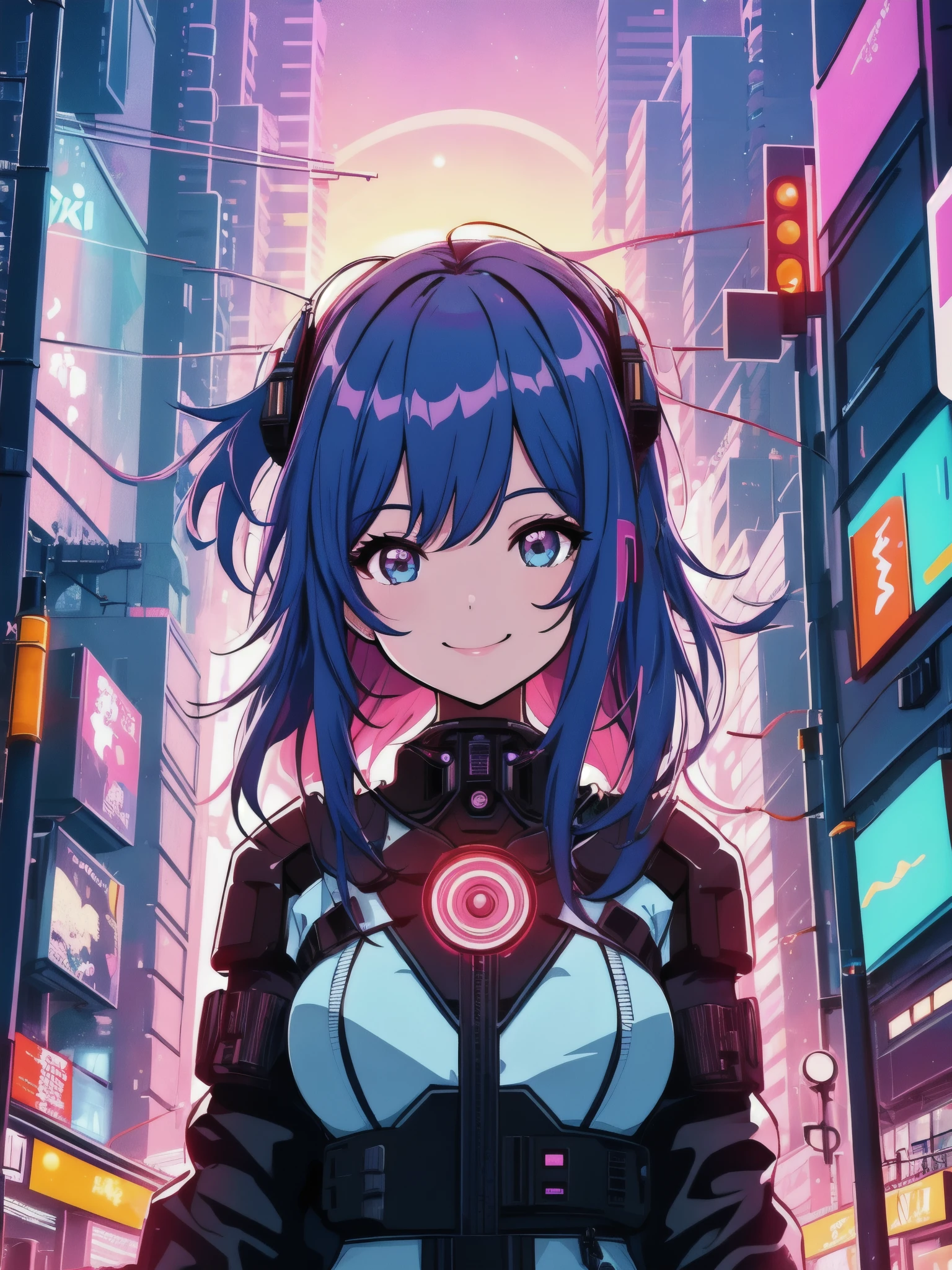 masterpiece, best quality, 1girl, solo, night, colorful, cityscape, cyberpunk, light smile, city pop, vector illustration
