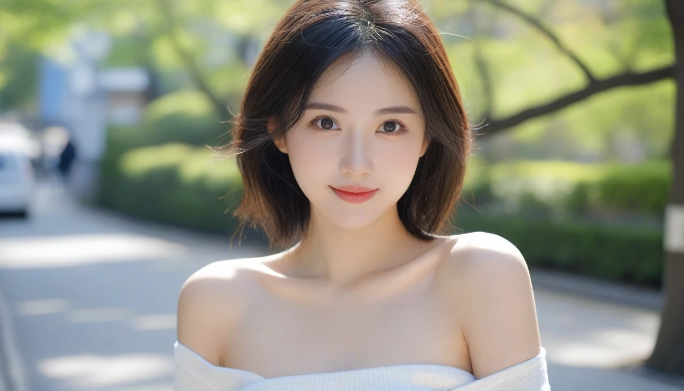 blush a little and smile, (Top quality masterpiece:1.2) Delicate illustrations, Very detailed, /Beautiful Japanese Women、1 person,Very cute and slim、Great style 、((8k images、super high quality))、Very delicate face, Skin and Hair、Big Breasts、beautifule forehead、Red lipstick、(((((short hair、Brown Hair、lure))))),Very cute Japanese cut face、Eyes and nose are clearly visible、Kind eyes,((((White sleeveless formal dress))))、Party Venue、night