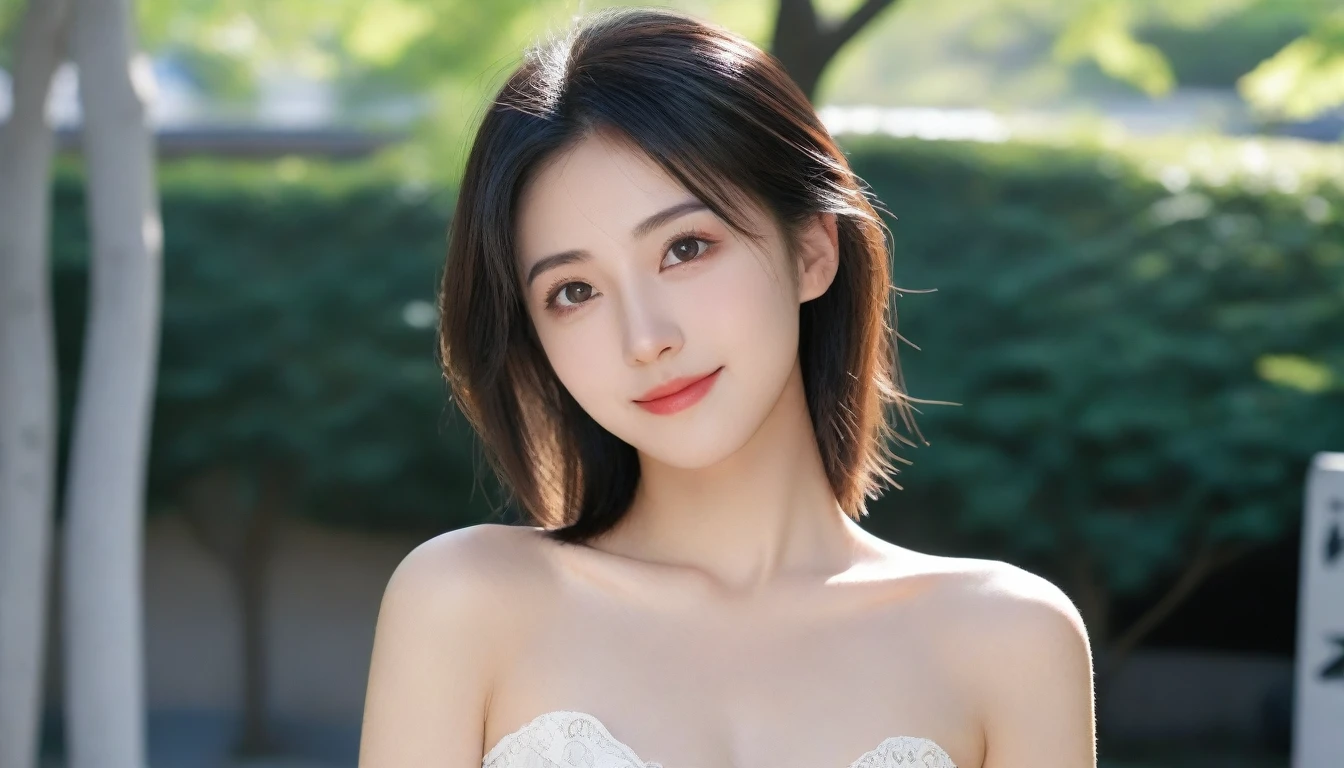 8k, Ultra-high resolution, Highest quality, masterpiece, 三分割法によるphotograph,Surreal, photograph, 1 Girl, (:1.3), pretty girl, Cute Face, Beautiful eyes in every detail, 細かくdetailedに,masterpiece,One Girl:1.2, Japan Female Announcer,extream close up,smile,Black Hair,Messy hair,street tree,Urban area,Young Wife,healthy,Off the shoulder,Natural Makeup,Beautiful clavicle,Realistic Skin, Perfect and beautiful face ,完璧でCute Face, Skin with attention to detail, Perfect limbs、Narrow waist、Thin legs),Looking at the audience、beauty,Long neck、(((Ideal body type))),A cup small breasts :2,Portraiture:2,Perfect Anatomy,鮮明なdetailed,detailed,Surreal,Light and shadow,dappled sunlight