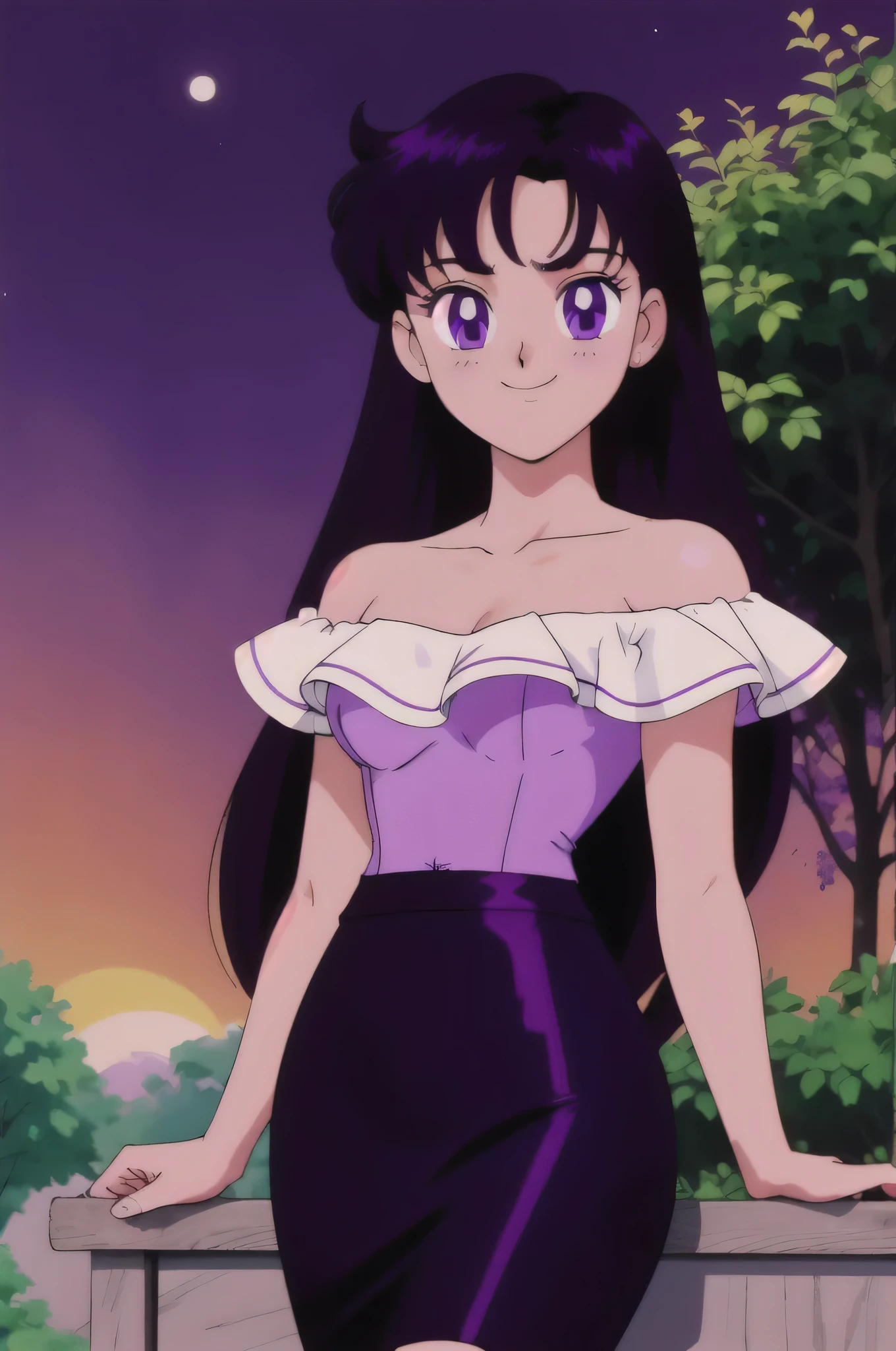 (retro anime girl:1.2), (masterpiece:1.2), (best quality), (ultra detailed), (8k,4k), (half body:1.2), (cowboy:1.2), (close up:1.2), (highly detailed:1.2), (White Ruffle Off-the-shoulder top:1.4), (purple skin tight pencil skirt:1.4), Rei Hino, 1 girl, solo, Best quality, masterpiece, High Definition, r, Purple Eyes, Beautiful Detail Eyes, Black Hair, Long Hair, Good hands at sides, Seductive Smile, Blushing, Bare Neck, Bare Arms, Bare Shoulders, short sleeve, Strapless, White Ruffle Off-the-Shoulder Top, purple skin tight pencil skirt, standing in her garden, looking at viewers, garden, sunset skies, rose bushes, outdoor gazebo, crescent moon