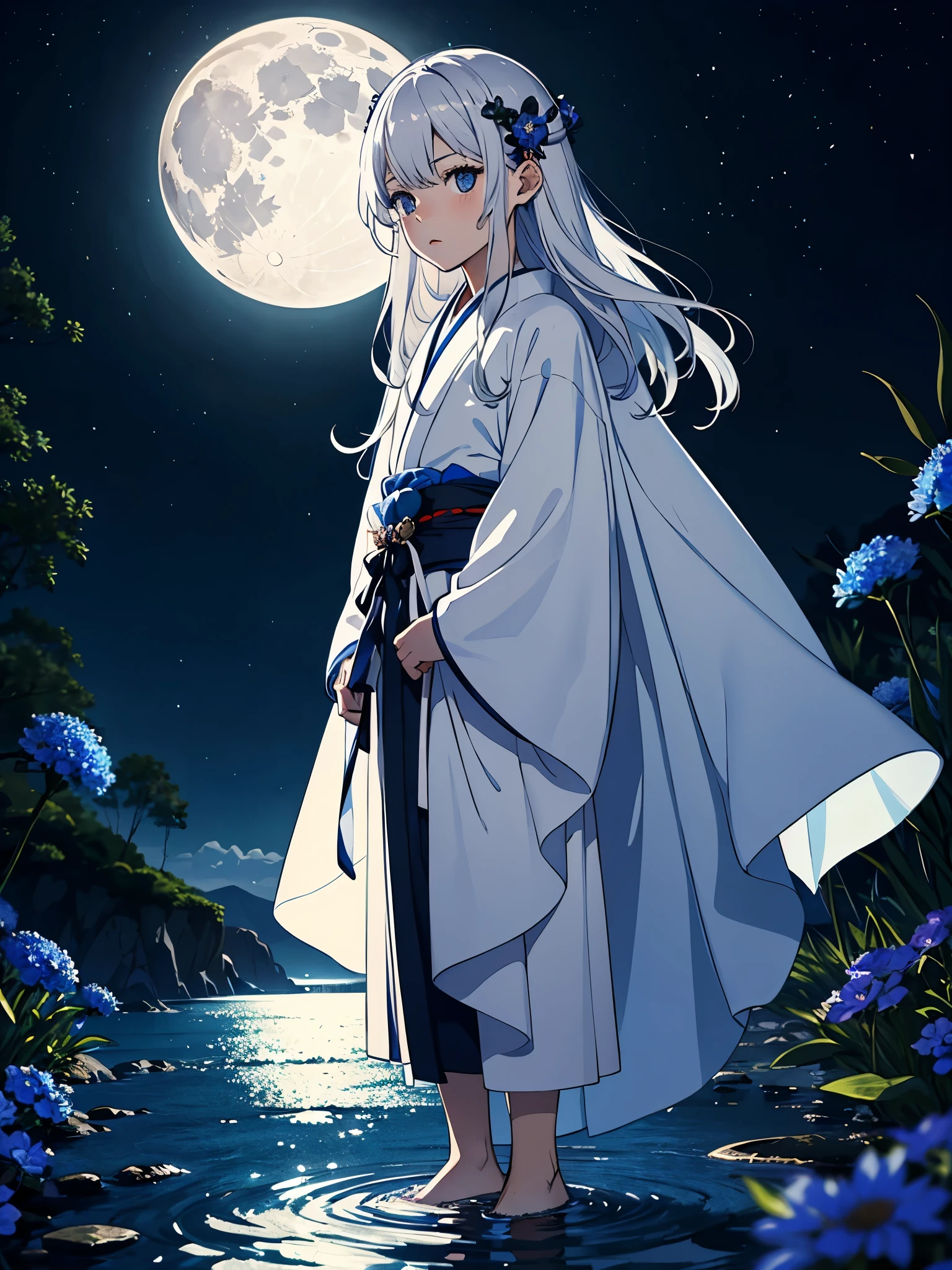 Blauer Mond. Blue flowers. Blue Japanese Kimono. kid. cutie pie. Younger. More anime. male. Light Blue flowers. Long hair. long white hair. aquatic, boy, God of the Moon, silver hair accessories, White hair, White dress, cape, at night.