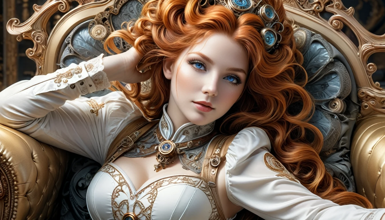 photo, 8k ((surréaliste)) statue d'une sublime femme rousse Steampunk en marbre blanc alangui sur un sofa complexe, plan large, corps entier, souriante et radieuse, bustier étroit incrusté de fines dentelles techniques complexe fractal, bustier effet push-up, complexe, élégante et sensuelle, yeux sublime et intenses, yeux très détaillés, très détaillé, majestueuse, digital photography, art by artgerm and ruan jia and greg rutkowski surréaliste painting gold and silver filigree, (cheveux très long), verre brisé, (chef-d'oeuvre artistique, Éclairage latéral, HDR, Réaliste, HD), sublime grosse poitrine push-up,