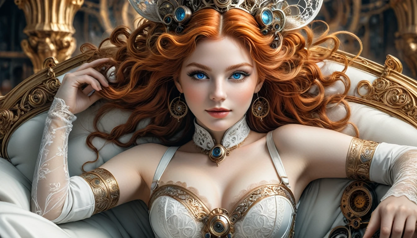 photo, 8k ((surréaliste)) statue d'une sublime femme rousse Steampunk en marbre blanc alangui sur un sofa complexe, plan large, corps entier, souriante et radieuse, bustier étroit incrusté de fines dentelles techniques complexe fractal, bustier effet push-up, complexe, élégante et sensuelle, yeux sublime et intenses, yeux très détaillés, très détaillé, majestueuse, digital photography, art by artgerm and ruan jia and greg rutkowski surréaliste painting gold and silver filigree, (cheveux très long), verre brisé, (chef-d'oeuvre artistique, Éclairage latéral, HDR, Réaliste, HD), sublime grosse poitrine push-up,