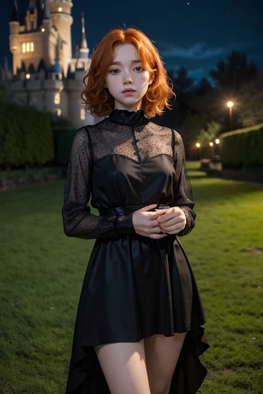 15 year old girl, Lovely, orange hair, very short, Very curly, slim, flat bust, with freckles on the face, with slavic features, with long sleeve black dress, whole body, shows her legs, in the castle garden, at night, holding a sword in his hand.