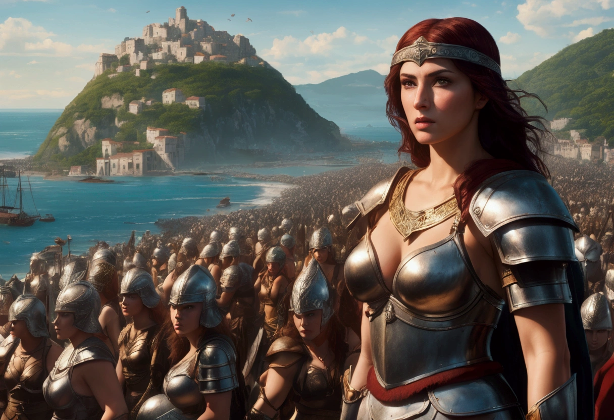 The head of the Amazons standing in full armor, huge breasts. Behind them are about 100 Amazons. A seaside village is visible in the background.