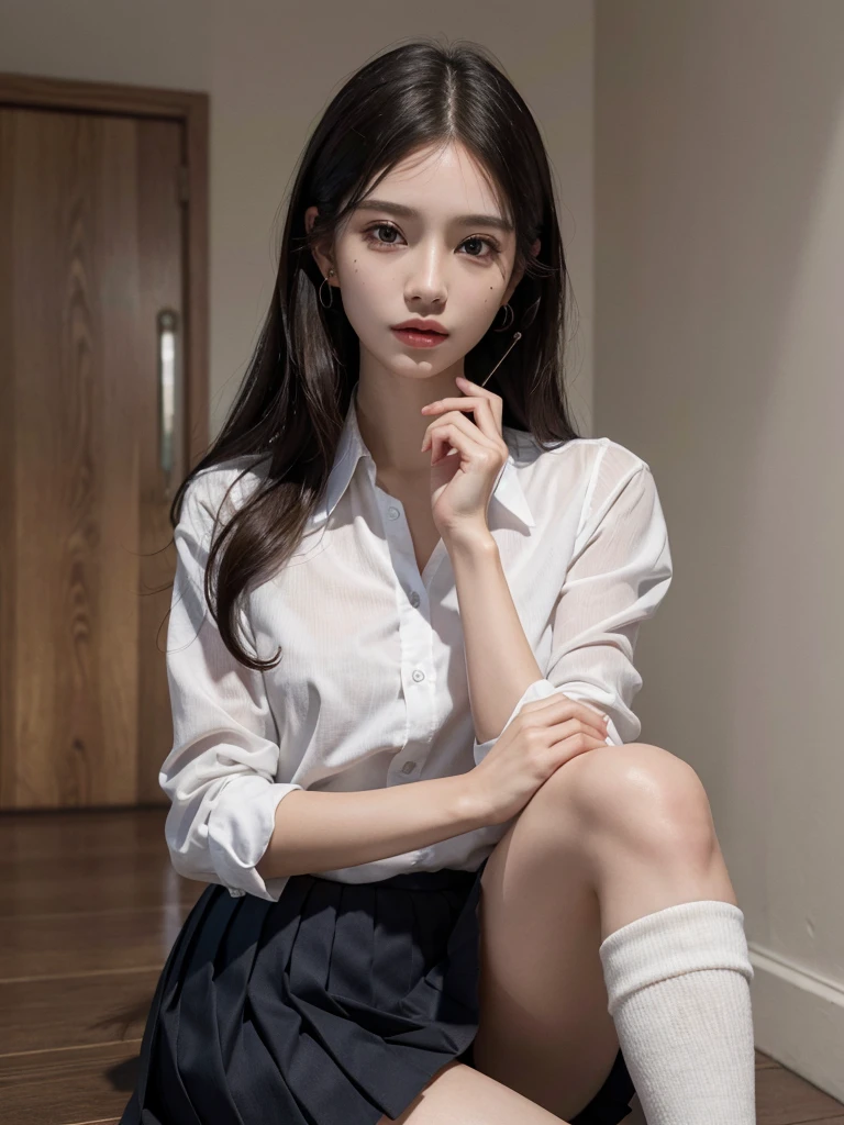 absurdres, RAW photo, extremely delicate and beautiful, masterpiece, Best Quality, ultra high resolution, 32k, hyperrealistic, ultra-detailed, perfect anatomy, super Detailed skin, perfect figure, Super Beauty, Perfect Style, Perfect balance, Beautiful Lighting, Perfect Lightning, Realistic Shadows, 20 years old, very Slim body, narrow waist, very small head, very small face, delicate facial features, handsome detailed woman, very detailed eyes and face, realistic face proportions, Realistic beautiful face, Realistic beautiful eyes, tearful mole, earring, very huge round breasts, legs, medium hair, whole body shot, indoor, school_uniform, dress shirt, pleated skirt,