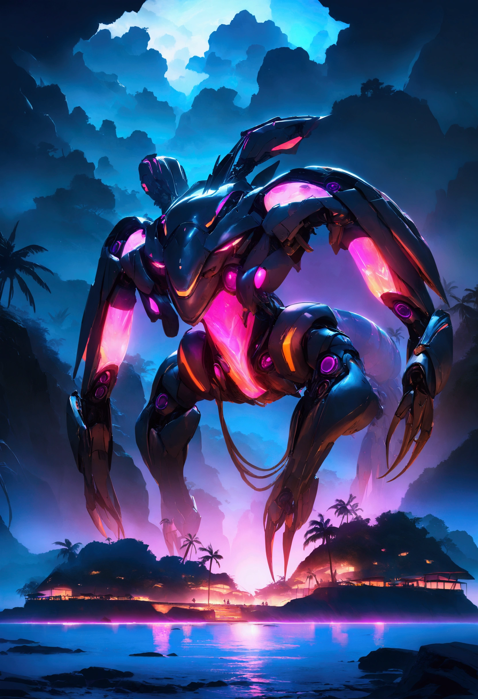 a tropical island, neon glow, bio-mechanical animals, bioluminescent fruits, island at night, coastal view, cinematic lighting, vibrant colors, futuristic, concept art, ultra-detailed, 8k, photorealistic, professional, masterpiece