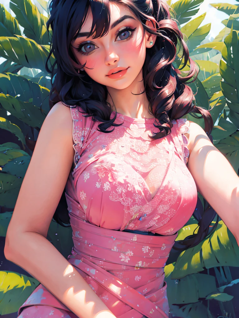 arafed woman in a pink dress posing for a picture, a hyperrealistic painting by Eve Ryder, reddit, tachisme, beautiful upper body, beautiful body and face, beautiful pretty young, very beautiful young woman, jaw dropping beauty, gorgeous face and figure, very very beautiful woman, young and cute girl, jaw-dropping beauty, beautiful shape of face and body