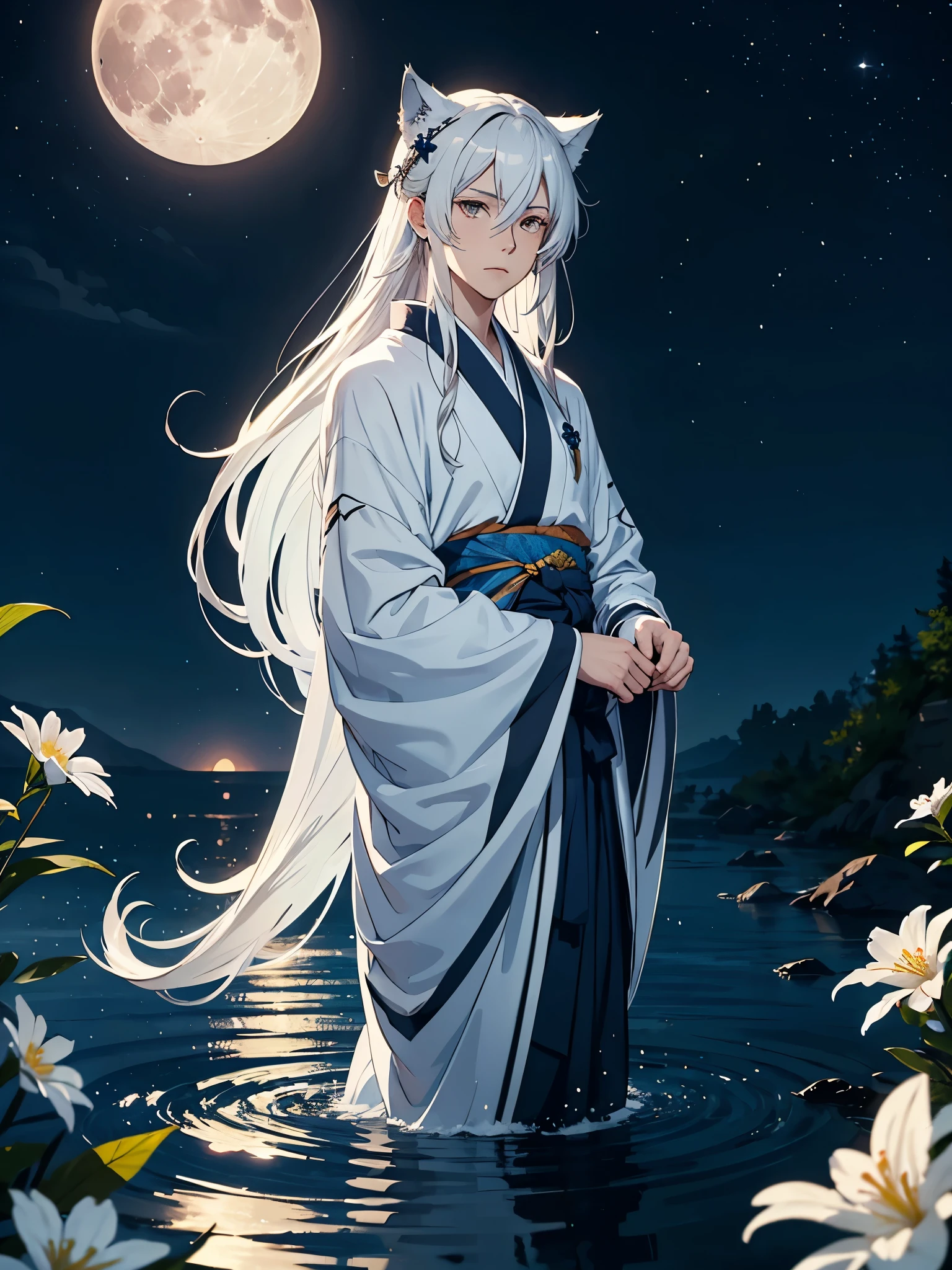 Blue wolf. Kimono. . More anime. light blue light. Bright bright light. magical. Moon. White flowers. male. Long hair. long white hair. aquatic, boy, God of the Moon, silver hair accessories, White hair.
