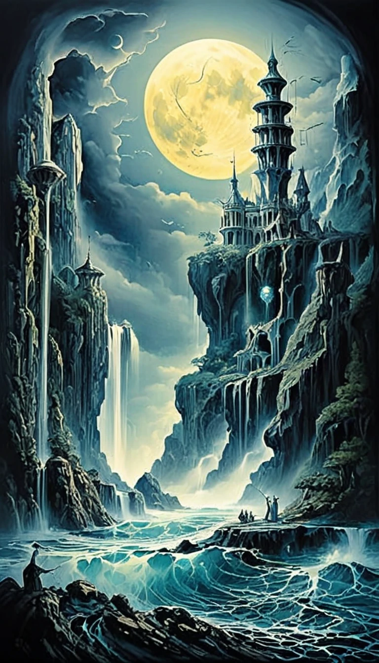 
            A huge cliff in the middle of the sea(There are rough waves and spray under the cliff)，A mysterious island with a waterfall in the middle，Surrounded by mountains, there is a crystal castle on a mysterious island that emits the light of the gods. In the background, there is a huge blue full moon and a thick fog atmosphere. It is a mysterious, majestic and majestic masterpiece., Surrealism, Abstract luminism art aesthetic magical landscape, Intricate Fantasy Paintings, Detailed Fantasy Art Fantasy Illustrator Mystical Illusion Art, Extremely detailed dream scenes, perfectly composed, intricately detailed, meticulous digital art