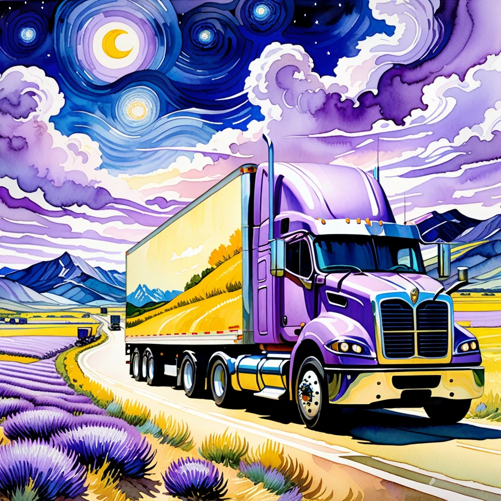 a fantasy landscape with an 18-wheeler semi truck in a light purple color,  van gogh style, Watercolor, trending on artstation, sharp focus, studio photo, intricate details, highly detailed, by greg rutkowski