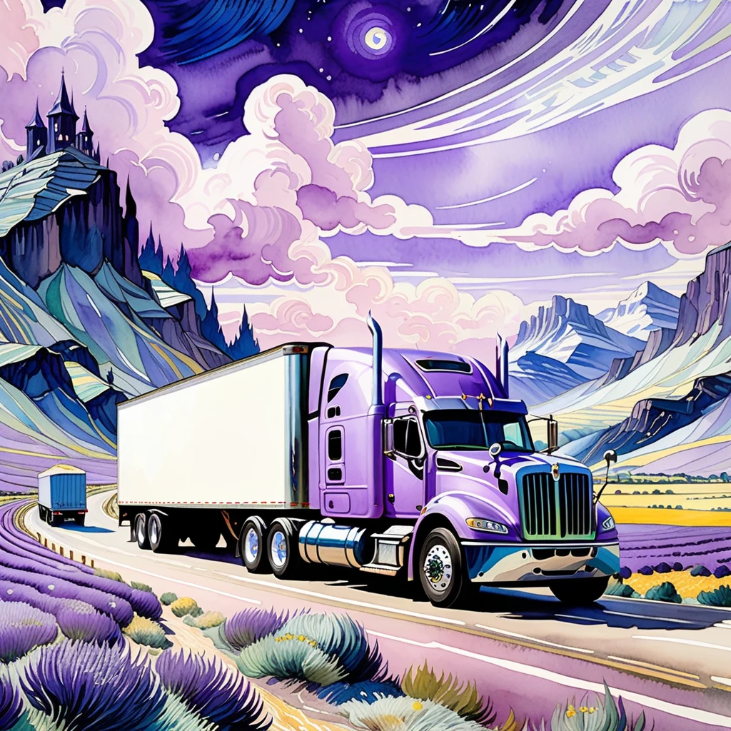 a fantasy landscape with an 18-wheeler semi truck in a light purple color,  van gogh style, Watercolor, trending on artstation, sharp focus, studio photo, intricate details, highly detailed, by greg rutkowski