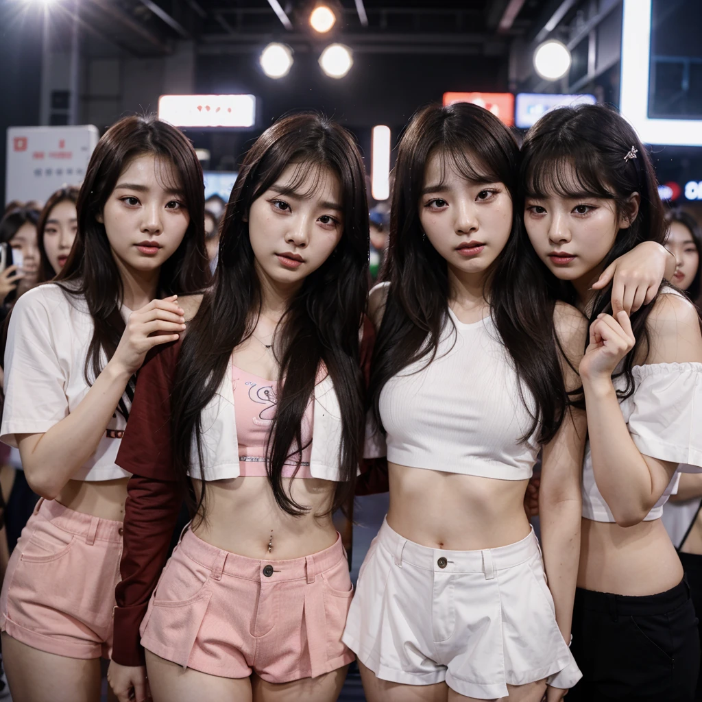 (3 girls), Young faceอินโดนีเซีย, smile, white skin, Round breast, blue eyes,(((Black cropped shirt: 1.4)))Masterpiece, Highest quality, 8k, beautiful girl, Young face、 photography, Cute face, thigh,embarrassing valley、รอยsmile、(((((())))))、small waist、((Busty breasts))blue eyes(((big breasts:1.2)))