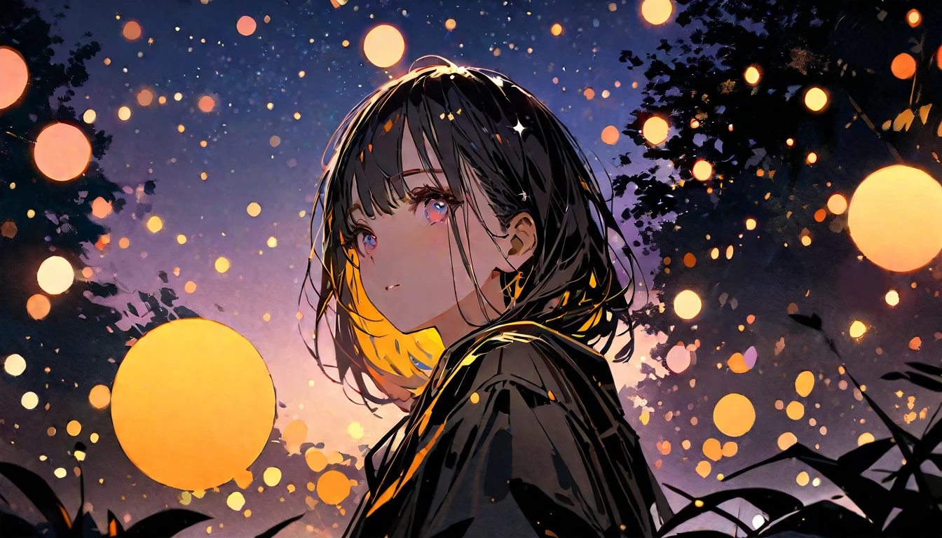 (Close-up shot:1.5), Night forest glade background, (evening), moonlight, Starry Sky, Sparkling, afternoon, Bokeh, (Art by Jeremy Mann and Edvard Munch), Beautiful composition, Complementary Color, masterpiece, Awards