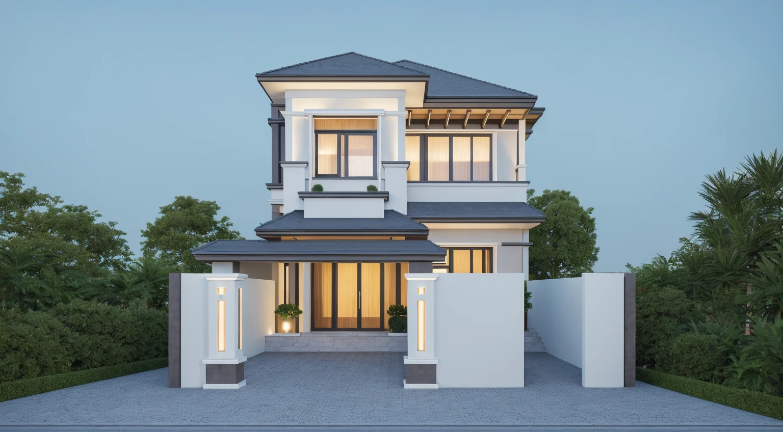 PLATFORM KTHOUSE, 1 morden villa,1large yard, 1 road runs in front of the house, (RAW photo, real, best quality, masterpiece:1.2), look morden minimalist, 1 road in front of the house, dynamic lighting:1.3, (hyper realistic, photo-realistic:1.2), high quality, (dark lighting:1.2), perfect lighting, archdaily, no human, light at 12 noon, light in door:1.2