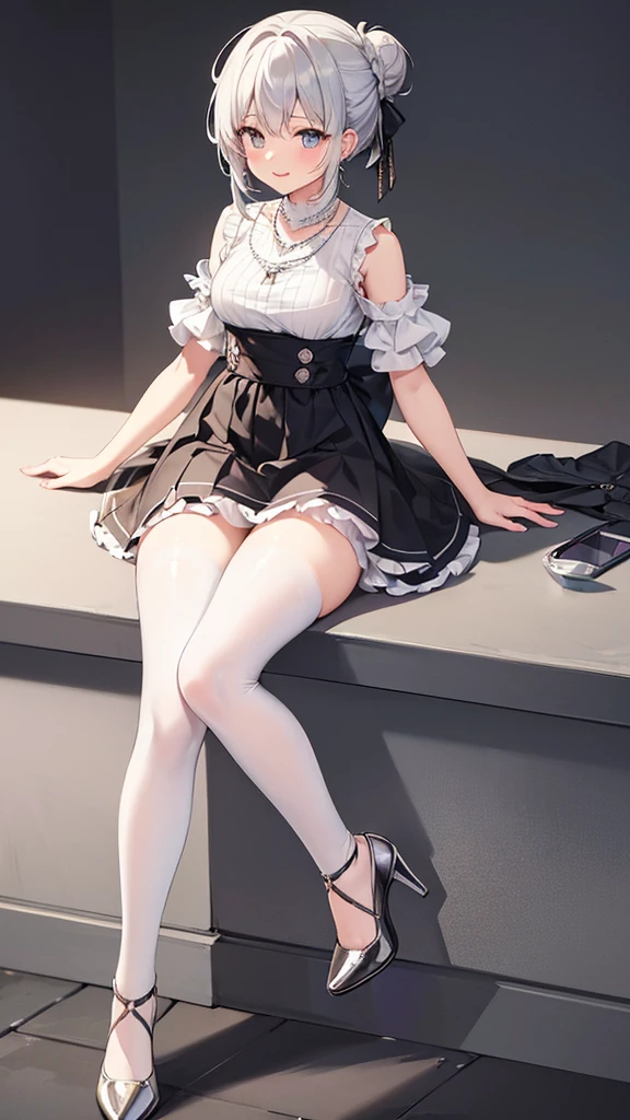 Very detailed, high quality, Masterpiece, 1 female, happy expression, silver hair, tied in a messy bun, JK, Short skirt,white underwear, high heel, light makeup, (silver necklace: 1.2), black stockings
