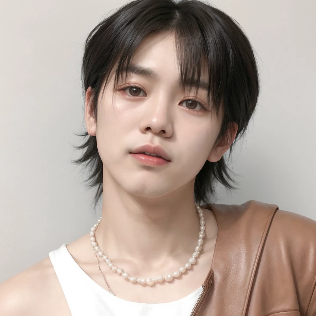 Asian man dressed in white tank top, pearl necklace and brown leather jacket, jimin bts, kiyoko suzuki, kiko mizuhara, chiho ashima, kitagawa marine, made, of me, aoi ogata, by Kentaro Miura, by Tadashi Nakayama, paru itagaki, masami suda, kimi takemura