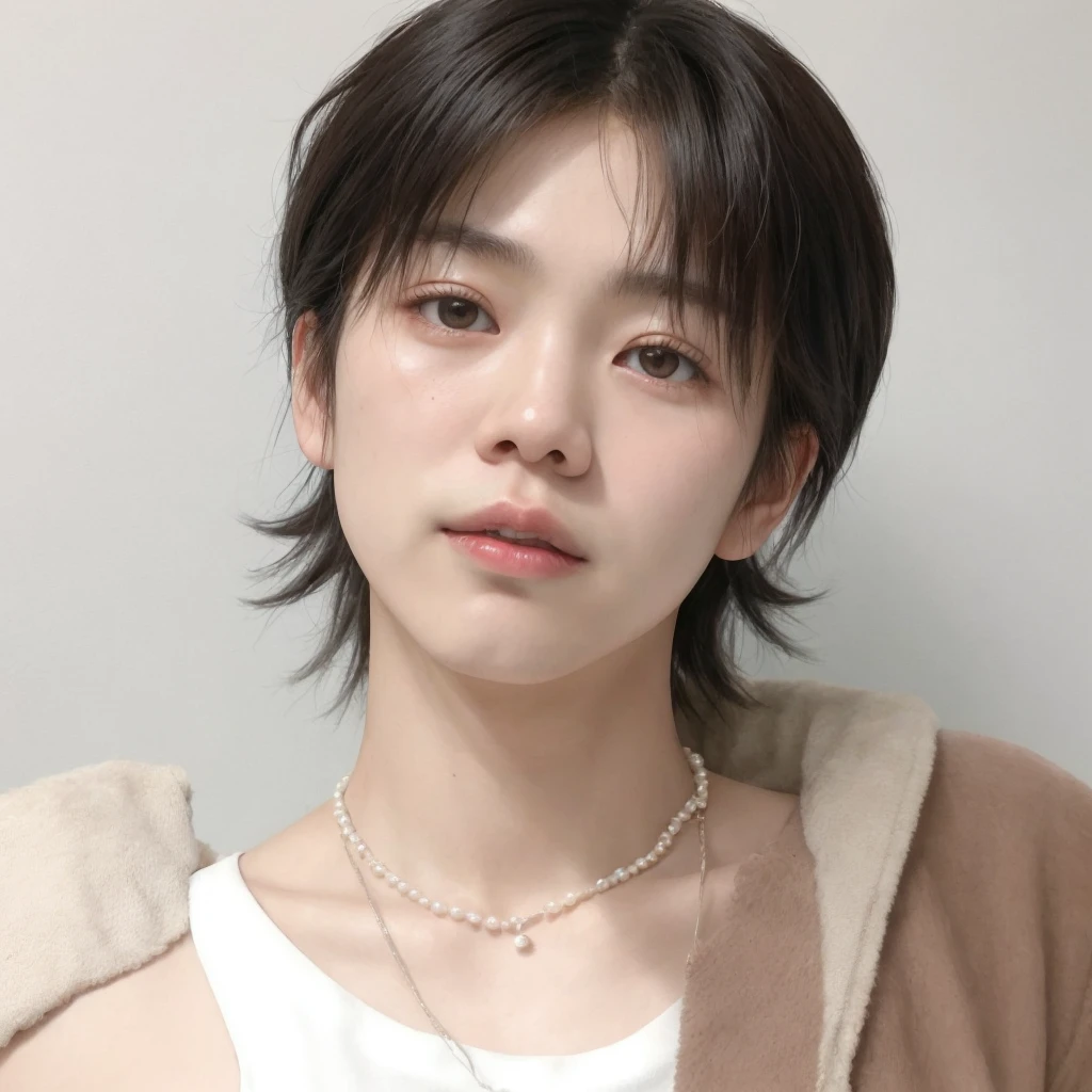 Asian man dressed in white tank top, pearl necklace and brown leather jacket, jimin bts, kiyoko suzuki, kiko mizuhara, chiho ashima, kitagawa marine, made, of me, aoi ogata, by Kentaro Miura, by Tadashi Nakayama, paru itagaki, masami suda, kimi takemura