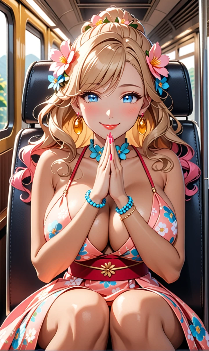 ultra-detailed, ((one girl)),  (tan skin:1.4), in pastel colors gyaru, (heavy makeup), (professional lighting) hyper detailed, absurdres, 8k, Beautiful Face, (Laugh shyly), ((teasing smile:1.6)), ((happy smile:1.5)),  ((Wink:1.6)), (Laugh with your mouth wide open),((Tilt your face:1.6)), View your viewers, ((Bright red cheeks:1.6)),Glossy shocking pink lips, ((huge breasts:1.6)),  ((undressing)), noon, summer, on the train, Anime style background)),masterpiece, Highest quality, (Brighten your face), so beautiful,Latest, Complex details, ((fluorescent pink long nail:1.2)), (ring),(bracelet), (Floral Choker),AI-generated, Complex,High resolution, Highest quality, super high quality,3D Images、3D Images,One person, ((honey blond long hair), (High Ponytail), (wavy hair:1.4), Anime woman posing for a photo, ((Fine grain、blue eyes、glowing eyes:1.3)), (Squint your eyes:1.1),a hyperRealistic , hyperRealistic , Realistic,Anime woman with long honey blonde hair, Smooth anime CG art, A girl in a gorgeous pastel-colored kimono, ((Pastel-colored furisode)),(Pink large floral pattern),  (sideboob), Long flower hair ornament,Big earrings, Mature Body, tall,Narrow waist, front view, portrait, (Sit in your seat), (learning forward:1.3), (Bring your hands closer to your face),