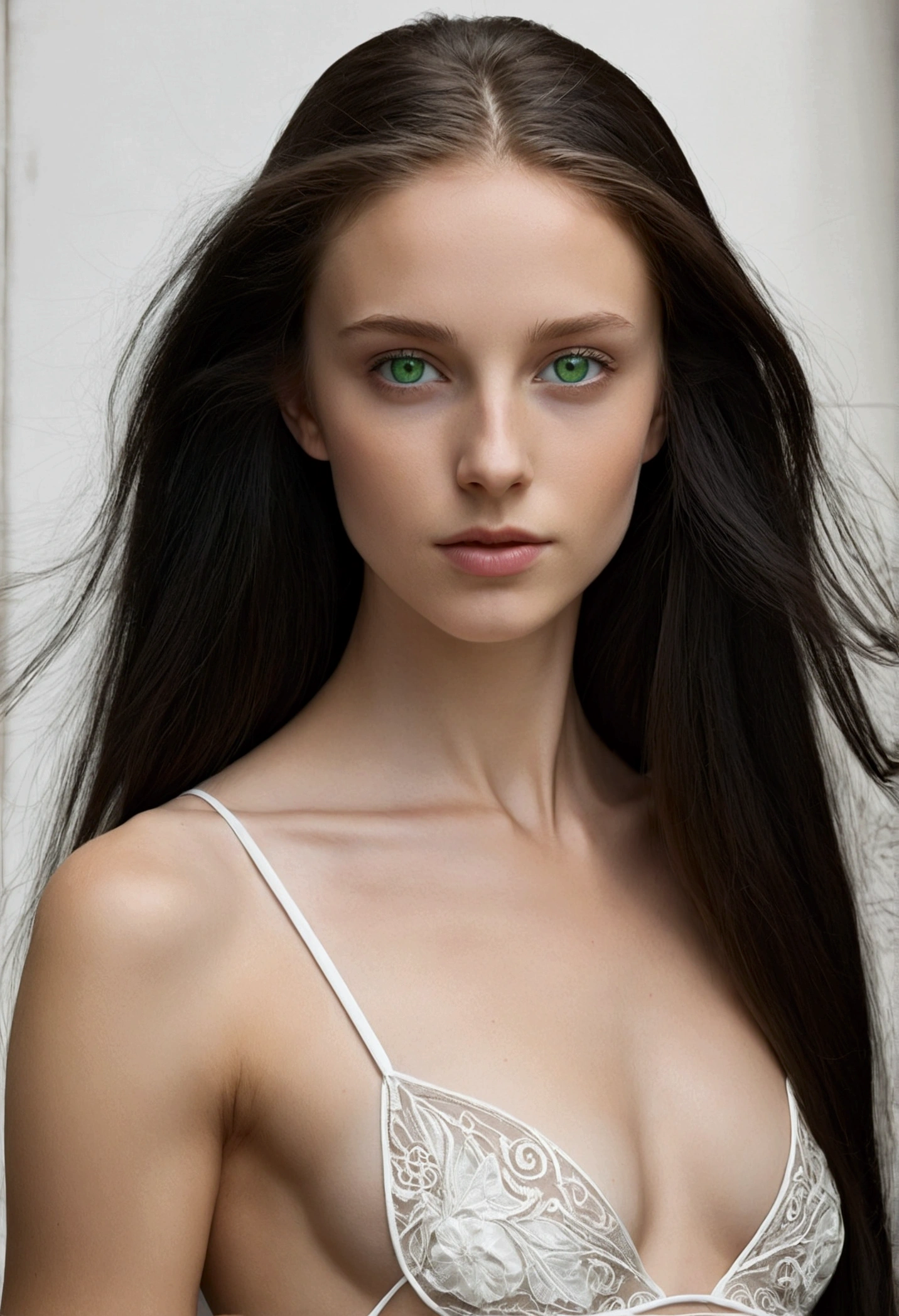Long haired young white woman,smooth and black, green eyes, thin features, half naked bust