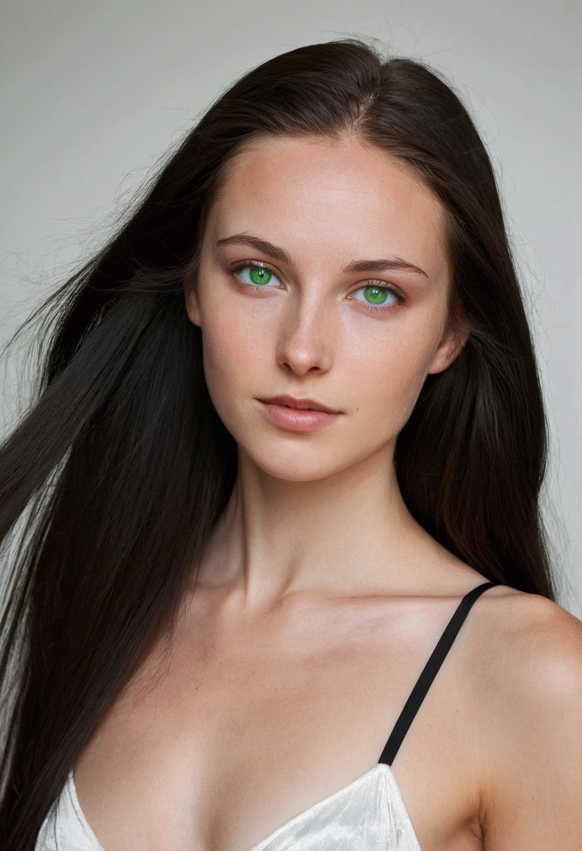 Long haired young white woman,smooth and black, green eyes, thin features, half naked bust