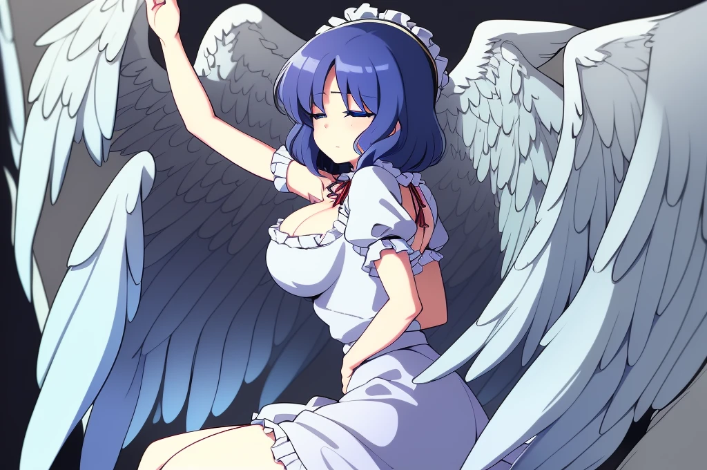 (best quality,4k,8k,highres,masterpiece:1.2), top-quality(masterpiece), top-quality, ultra-detailed, highly detailed texture, intricate details, high quality textures, A cute teenage angel with blue eyes, big pink ribbon in her hair, drawn in anime style, 1girl, (((1girl in))), , 10 years old, (((lori))), medium blue hair, hair flaps, pink ribbon on head, well-formed face, Beautiful face, blue eyes, pretty eyes, angel girl, white blouse, puffy short sleeves, red ribbon, angel wings, long white skirt, red shoes, frills, ribbon head, A pair of angel wings on the back, clean line drawings, cute, from behind, to lift up one’s skirt, cowboy shot, from front, standing , raise one leg, crossed arms, arms up behind, arms behind back, hand between legs, put hands hip, one hand on hip, forward hands, arms raised in the air, punch hands, peace sign, waving, put up index finger, sit, lie down, closed eyes, lie face down, looking back, put one hand chest, leaning forward, cleavage, close up, horizontally outstretched arms, horizontally outstretched legs, front view, front face, huge breasts for short stature, cleavage is clearly visible ,G-Cup