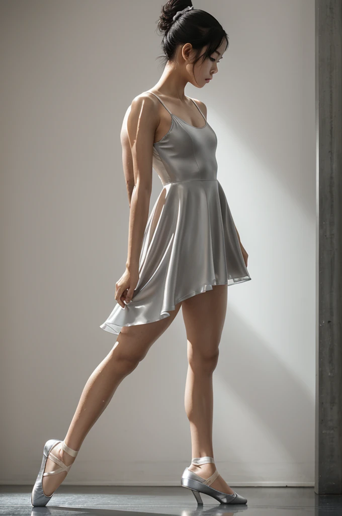 a full body of fashion model photography, ballet dress, strong sense of design, medium shot, asian girl, short hair, hair accessories, delicate skin, silver ballet shoes, sad, body in heat, heavy breath, body in sweat, sweaty skin, wet skin, sweat rolling down, simple background, high texture, glare backlight, professional studio lighting, cleavage