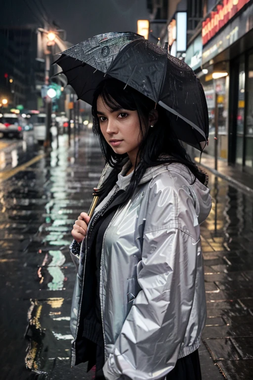 In the midst of a heavy downpour that blanketed the city, a young girl stood under a pastel-colored umbrella. Her jet-black hair peeked out slightly from under the hood of her jacket. The girl's eyes stared straight ahead, seemingly captivated by something in the distance. Puddles on the street reflected the shimmering city lights, creating a mesmerizing scene despite the unfriendly weather. The sound of raindrops falling and the rumble of passing vehicles formed the background that accompanied her presence there. Underneath her umbrella, the girl appeared calm, as if savoring every drop of rain that fell
